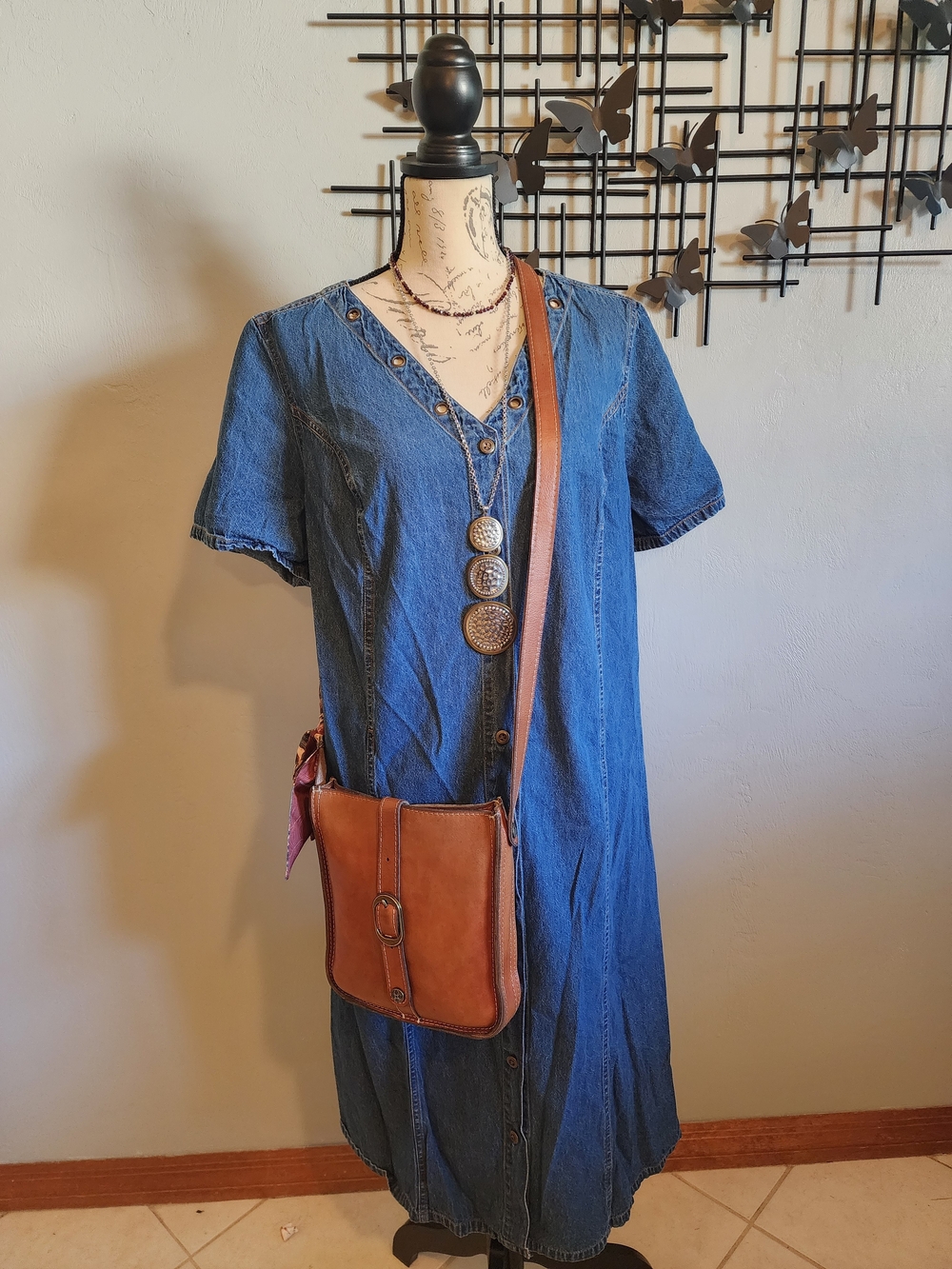 Phases Vintage Denim Midi Dress with V-Neck And Grommet Detail